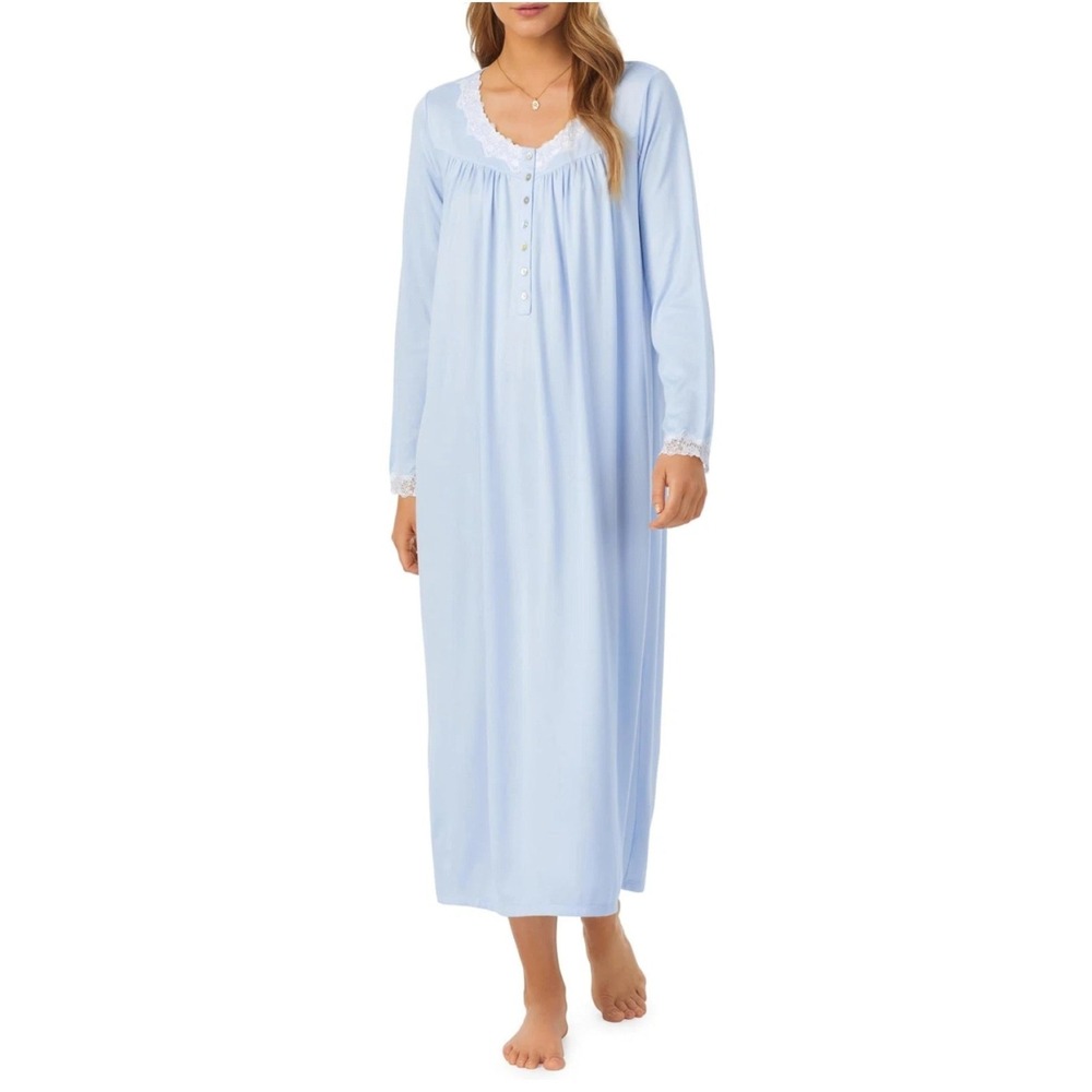 Eileen West Nightgown M Blue Lace Trim Long Sleeve Sweater Knit Ballet Gown